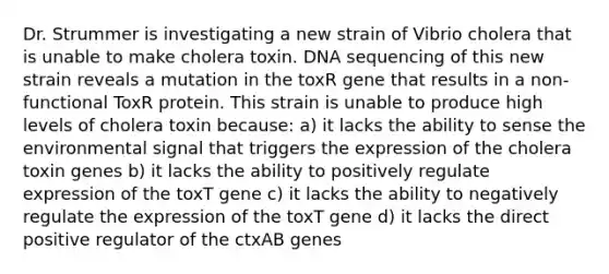 Dr. Strummer is investigating a new strain of Vibrio cholera that is unable to make cholera toxin. DNA sequencing of this new strain reveals a mutation in the toxR gene that results in a non-functional ToxR protein. This strain is unable to produce high levels of cholera toxin because: a) it lacks the ability to sense the environmental signal that triggers the expression of the cholera toxin genes b) it lacks the ability to positively regulate expression of the toxT gene c) it lacks the ability to negatively regulate the expression of the toxT gene d) it lacks the direct positive regulator of the ctxAB genes