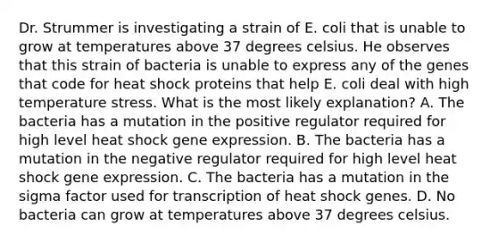 Dr. Strummer is investigating a strain of E. coli that is unable to grow at temperatures above 37 degrees celsius. He observes that this strain of bacteria is unable to express any of the genes that code for heat shock proteins that help E. coli deal with high temperature stress. What is the most likely explanation? A. The bacteria has a mutation in the positive regulator required for high level heat shock gene expression. B. The bacteria has a mutation in the negative regulator required for high level heat shock gene expression. C. The bacteria has a mutation in the sigma factor used for transcription of heat shock genes. D. No bacteria can grow at temperatures above 37 degrees celsius.