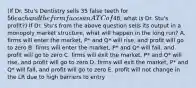 (If Dr. Stu's Dentistry sells 35 false teeth for 56 each and the firm faces an ATC of48, what is Dr. Stu's profit?) If Dr. Stu's from the above question sells its output in a monopoly market structure, what will happen in the long run? A. firms will enter the market, P* and Q* will rise, and profit will go to zero B. firms will enter the market, P* and Q* will fall, and profit will go to zero C. firms will exit the market, P* and Q* will rise, and profit will go to zero D. firms will exit the market, P* and Q* will fall, and profit will go to zero E. profit will not change in the LR due to high barriers to entry