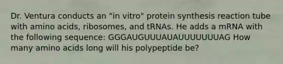 Dr. Ventura conducts an "in vitro" protein synthesis reaction tube with amino acids, ribosomes, and tRNAs. He adds a mRNA with the following sequence: GGGAUGUUUAUAUUUUUUUAG How many amino acids long will his polypeptide be?