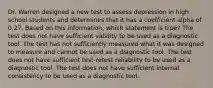 Dr. Warren designed a new test to assess depression in high school students and determines that it has a coefficient alpha of 0.27. Based on this information, which statement is true? The test does not have sufficient validity to be used as a diagnostic tool. The test has not sufficiently measured what it was designed to measure and cannot be used as a diagnostic tool. The test does not have sufficient test-retest reliability to be used as a diagnostic tool. The test does not have sufficient internal consistency to be used as a diagnostic tool.