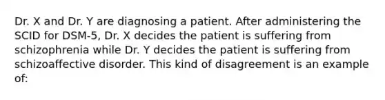 Dr. X and Dr. Y are diagnosing a patient. After administering the SCID for DSM-5, Dr. X decides the patient is suffering from schizophrenia while Dr. Y decides the patient is suffering from schizoaffective disorder. This kind of disagreement is an example of: