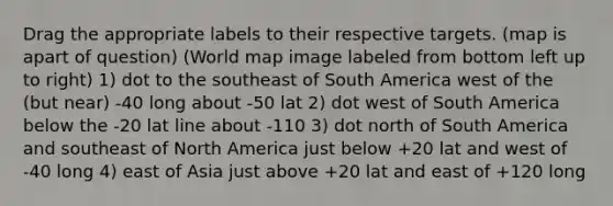 Drag the appropriate labels to their respective targets. (map is apart of question) (World map image labeled from bottom left up to right) 1) dot to the southeast of South America west of the (but near) -40 long about -50 lat 2) dot west of South America below the -20 lat line about -110 3) dot north of South America and southeast of North America just below +20 lat and west of -40 long 4) east of Asia just above +20 lat and east of +120 long