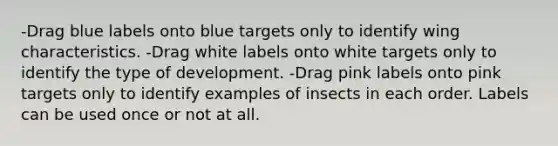 -Drag blue labels onto blue targets only to identify wing characteristics. -Drag white labels onto white targets only to identify the type of development. -Drag pink labels onto pink targets only to identify examples of insects in each order. Labels can be used once or not at all.