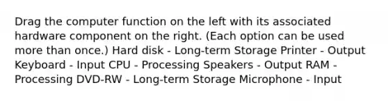 Drag the computer function on the left with its associated hardware component on the right. (Each option can be used more than once.) Hard disk - Long-term Storage Printer - Output Keyboard - Input CPU - Processing Speakers - Output RAM - Processing DVD-RW - Long-term Storage Microphone - Input