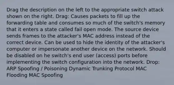 Drag the description on the left to the appropriate switch attack shown on the right. Drag: Causes packets to fill up the forwarding table and consumes so much of the switch's memory that it enters a state called fail open mode. The source device sends frames to the attacker's MAC address instead of the correct device. Can be used to hide the identity of the attacker's computer or impersonate another device on the network. Should be disabled on he switch's end user (access) ports before implementing the switch configuration into the network. Drop: ARP Spoofing / Poisoning Dynamic Trunking Protocol MAC Flooding MAC Spoofing