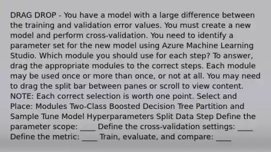 DRAG DROP - You have a model with a large difference between the training and validation error values. You must create a new model and perform cross-validation. You need to identify a parameter set for the new model using Azure Machine Learning Studio. Which module you should use for each step? To answer, drag the appropriate modules to the correct steps. Each module may be used once or more than once, or not at all. You may need to drag the split bar between panes or scroll to view content. NOTE: Each correct selection is worth one point. Select and Place: Modules Two-Class Boosted Decision Tree Partition and Sample Tune Model Hyperparameters Split Data Step Define the parameter scope: ____ Define the cross-validation settings: ____ Define the metric: ____ Train, evaluate, and compare: ____