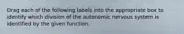 Drag each of the following labels into the appropriate box to identify which division of the autonomic nervous system is identified by the given function.