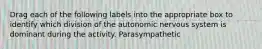 Drag each of the following labels into the appropriate box to identify which division of the autonomic nervous system is dominant during the activity. Parasympathetic