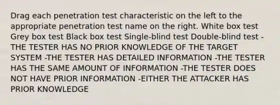 Drag each penetration test characteristic on the left to the appropriate penetration test name on the right. White box test Grey box test Black box test Single-blind test Double-blind test -THE TESTER HAS NO PRIOR KNOWLEDGE OF THE TARGET SYSTEM -THE TESTER HAS DETAILED INFORMATION -THE TESTER HAS THE SAME AMOUNT OF INFORMATION -THE TESTER DOES NOT HAVE PRIOR INFORMATION -EITHER THE ATTACKER HAS PRIOR KNOWLEDGE