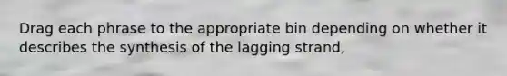 Drag each phrase to the appropriate bin depending on whether it describes the synthesis of the lagging strand,