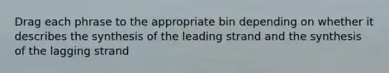 Drag each phrase to the appropriate bin depending on whether it describes the synthesis of the leading strand and the synthesis of the lagging strand