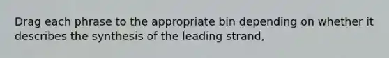 Drag each phrase to the appropriate bin depending on whether it describes the synthesis of the leading strand,