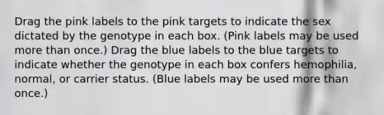 Drag the pink labels to the pink targets to indicate the sex dictated by the genotype in each box. (Pink labels may be used more than once.) Drag the blue labels to the blue targets to indicate whether the genotype in each box confers hemophilia, normal, or carrier status. (Blue labels may be used more than once.)