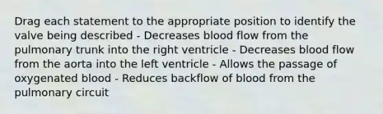 Drag each statement to the appropriate position to identify the valve being described - Decreases blood flow from the pulmonary trunk into the right ventricle - Decreases blood flow from the aorta into the left ventricle - Allows the passage of oxygenated blood - Reduces backflow of blood from the pulmonary circuit