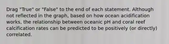 Drag "True" or "False" to the end of each statement. Although not reflected in the graph, based on how ocean acidification works, the relationship between oceanic pH and coral reef calcification rates can be predicted to be positively (or directly) correlated.