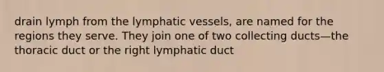 drain lymph from the lymphatic vessels, are named for the regions they serve. They join one of two collecting ducts—the thoracic duct or the right lymphatic duct