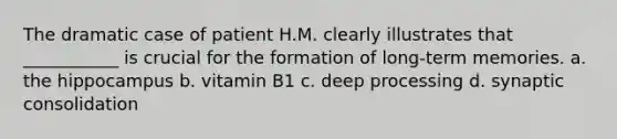 The dramatic case of patient H.M. clearly illustrates that ___________ is crucial for the formation of long-term memories. a. the hippocampus b. vitamin B1 c. deep processing d. synaptic consolidation