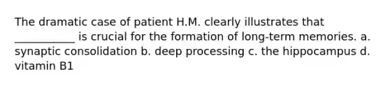 The dramatic case of patient H.M. clearly illustrates that ___________ is crucial for the formation of long-term memories. a. synaptic consolidation b. deep processing c. the hippocampus d. vitamin B1