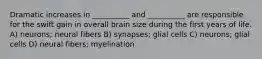 Dramatic increases in __________ and __________ are responsible for the swift gain in overall brain size during the first years of life. A) neurons; neural fibers B) synapses; glial cells C) neurons; glial cells D) neural fibers; myelination