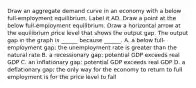 Draw an aggregate demand curve in an economy with a below​ full-employment equilibrium. Label it AD. Draw a point at the below​ full-employment equilibrium. Draw a horizontal arrow at the equilibrium price level that shows the output gap. The output gap in the graph is​ ______ because​ ______. A. a below​ full-employment gap; the unemployment rate is greater than the natural rate B. a recessionary​ gap; potential GDP exceeds real GDP C. an inflationary​ gap; potential GDP exceeds real GDP D. a deflationary​ gap; the only way for the economy to return to full employment is for the price level to fall