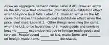 -Draw an aggregate demand curve. Label it AD. Draw an arrow on the AD curve that shows the international substitution effect when the price level falls. Label it 1. Draw an arrow on the AD curve that shows the international substitution effect when the price level rises. Label it 2. -Other things remaining the​ same, when the U.S. price level​ rises, U.S.-made goods and services become _______ expensive relative to​ foreign-made goods and services. People spend ______ on​ U.S.-made items and ________ on​ foreign-made items. ____________ decreases.