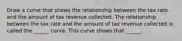 Draw a curve that shows the relationship between the tax rate and the amount of tax revenue collected. The relationship between the tax rate and the amount of tax revenue collected is called the​ ______ curve. This curve shows that​ ______.