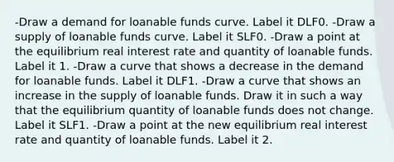 -Draw a demand for loanable funds curve. Label it DLF0. -Draw a supply of loanable funds curve. Label it SLF0. -Draw a point at the equilibrium real interest rate and quantity of loanable funds. Label it 1. -Draw a curve that shows a decrease in the demand for loanable funds. Label it DLF1. -Draw a curve that shows an increase in the supply of loanable funds. Draw it in such a way that the equilibrium quantity of loanable funds does not change. Label it SLF1. -Draw a point at the new equilibrium real interest rate and quantity of loanable funds. Label it 2.