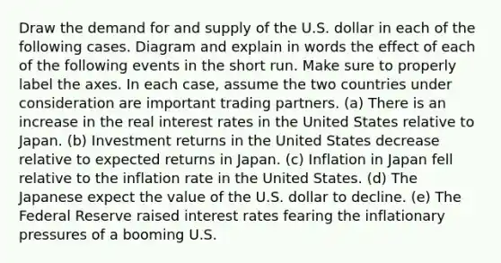 Draw the demand for and supply of the U.S. dollar in each of the following cases. Diagram and explain in words the effect of each of the following events in the short run. Make sure to properly label the axes. In each case, assume the two countries under consideration are important trading partners. (a) There is an increase in the real interest rates in the United States relative to Japan. (b) Investment returns in the United States decrease relative to expected returns in Japan. (c) Inflation in Japan fell relative to the inflation rate in the United States. (d) The Japanese expect the value of the U.S. dollar to decline. (e) The Federal Reserve raised interest rates fearing the inflationary pressures of a booming U.S.