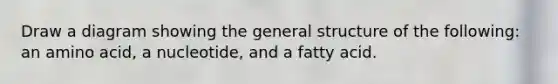 Draw a diagram showing the general structure of the following: an amino acid, a nucleotide, and a fatty acid.