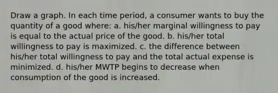 Draw a graph. In each time period, a consumer wants to buy the quantity of a good where: a. his/her marginal willingness to pay is equal to the actual price of the good. b. his/her total willingness to pay is maximized. c. the difference between his/her total willingness to pay and the total actual expense is minimized. d. his/her MWTP begins to decrease when consumption of the good is increased.