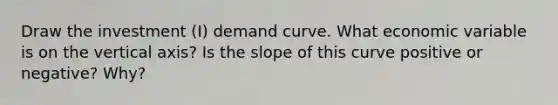 Draw the investment (I) demand curve. What economic variable is on the vertical axis? Is the slope of this curve positive or negative? Why?