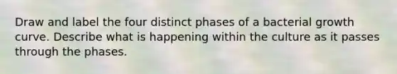 Draw and label the four distinct phases of a <a href='https://www.questionai.com/knowledge/kANly3iyNh-bacterial-growth' class='anchor-knowledge'>bacterial growth</a> curve. Describe what is happening within the culture as it passes through the phases.