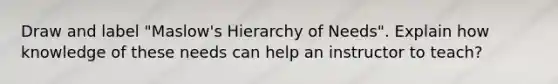 Draw and label "Maslow's Hierarchy of Needs". Explain how knowledge of these needs can help an instructor to teach?