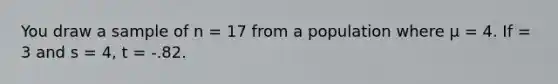 You draw a sample of n = 17 from a population where μ = 4. If = 3 and s = 4, t = -.82.