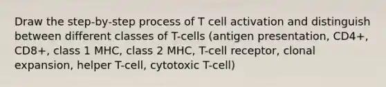 Draw the step-by-step process of T cell activation and distinguish between different classes of T-cells (antigen presentation, CD4+, CD8+, class 1 MHC, class 2 MHC, T-cell receptor, clonal expansion, helper T-cell, cytotoxic T-cell)