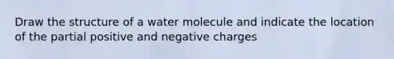 Draw the structure of a water molecule and indicate the location of the partial positive and negative charges