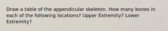 Draw a table of the appendicular skeleton. How many bones in each of the following locations? Upper Extremity? Lower Extremity?