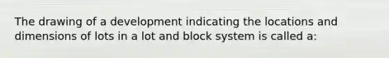 The drawing of a development indicating the locations and dimensions of lots in a lot and block system is called a: