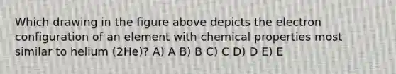 Which drawing in the figure above depicts the electron configuration of an element with chemical properties most similar to helium (2He)? A) A B) B C) C D) D E) E