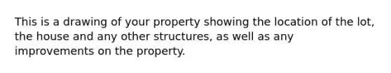 This is a drawing of your property showing the location of the lot, the house and any other structures, as well as any improvements on the property.