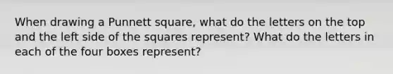 When drawing a Punnett square, what do the letters on the top and the left side of the squares represent? What do the letters in each of the four boxes represent?