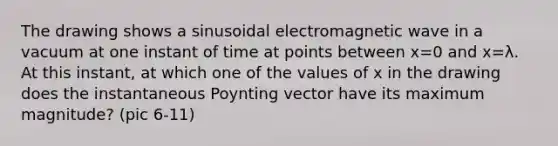 The drawing shows a sinusoidal electromagnetic wave in a vacuum at one instant of time at points between x=0 and x=λ. At this instant, at which one of the values of x in the drawing does the instantaneous Poynting vector have its maximum magnitude? (pic 6-11)