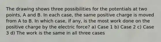 The drawing shows three possibilities for the potentials at two points, A and B. In each case, the same positive charge is moved from A to B. In which case, if any, is the most work done on the positive charge by the electric force? a) Case 1 b) Case 2 c) Case 3 d) The work is the same in all three cases