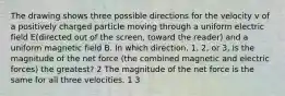 The drawing shows three possible directions for the velocity v of a positively charged particle moving through a uniform electric field E(directed out of the screen, toward the reader) and a uniform magnetic field B. In which direction, 1, 2, or 3, is the magnitude of the net force (the combined magnetic and electric forces) the greatest? 2 The magnitude of the net force is the same for all three velocities. 1 3