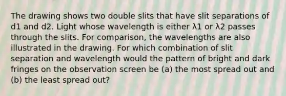 The drawing shows two double slits that have slit separations of d1 and d2. Light whose wavelength is either λ1 or λ2 passes through the slits. For comparison, the wavelengths are also illustrated in the drawing. For which combination of slit separation and wavelength would the pattern of bright and dark fringes on the observation screen be (a) the most spread out and (b) the least spread out?