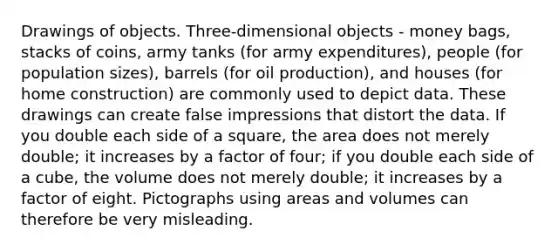 Drawings of objects. Three-dimensional objects - money bags, stacks of coins, army tanks (for army expenditures), people (for population sizes), barrels (for oil production), and houses (for home construction) are commonly used to depict data. These drawings can create false impressions that distort the data. If you double each side of a square, the area does not merely double; it increases by a factor of four; if you double each side of a cube, the volume does not merely double; it increases by a factor of eight. Pictographs using areas and volumes can therefore be very misleading.