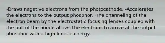 -Draws negative electrons from the photocathode. -Accelerates the electrons to the output phosphor. -The channeling of the electron beam by the electrostatic focusing lenses coupled with the pull of the anode allows the electrons to arrive at the output phosphor with a high kinetic energy.