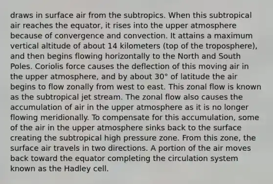 draws in surface air from the subtropics. When this subtropical air reaches the equator, it rises into the upper atmosphere because of convergence and convection. It attains a maximum vertical altitude of about 14 kilometers (top of the troposphere), and then begins flowing horizontally to the North and South Poles. Coriolis force causes the deflection of this moving air in the upper atmosphere, and by about 30° of latitude the air begins to flow zonally from west to east. This zonal flow is known as the subtropical jet stream. The zonal flow also causes the accumulation of air in the upper atmosphere as it is no longer flowing meridionally. To compensate for this accumulation, some of the air in the upper atmosphere sinks back to the surface creating the subtropical high pressure zone. From this zone, the surface air travels in two directions. A portion of the air moves back toward the equator completing the circulation system known as the Hadley cell.