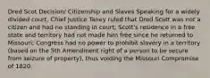 Dred Scot Decision/ Citizenship and Slaves Speaking for a widely divided court, Chief Justice Taney ruled that Dred Scott was not a citizen and had no standing in court; Scott's residence in a free state and territory had not made him free since he returned to Missouri; Congress had no power to prohibit slavery in a territory (based on the 5th Amendment right of a person to be secure from seizure of property), thus voiding the Missouri Compromise of 1820.